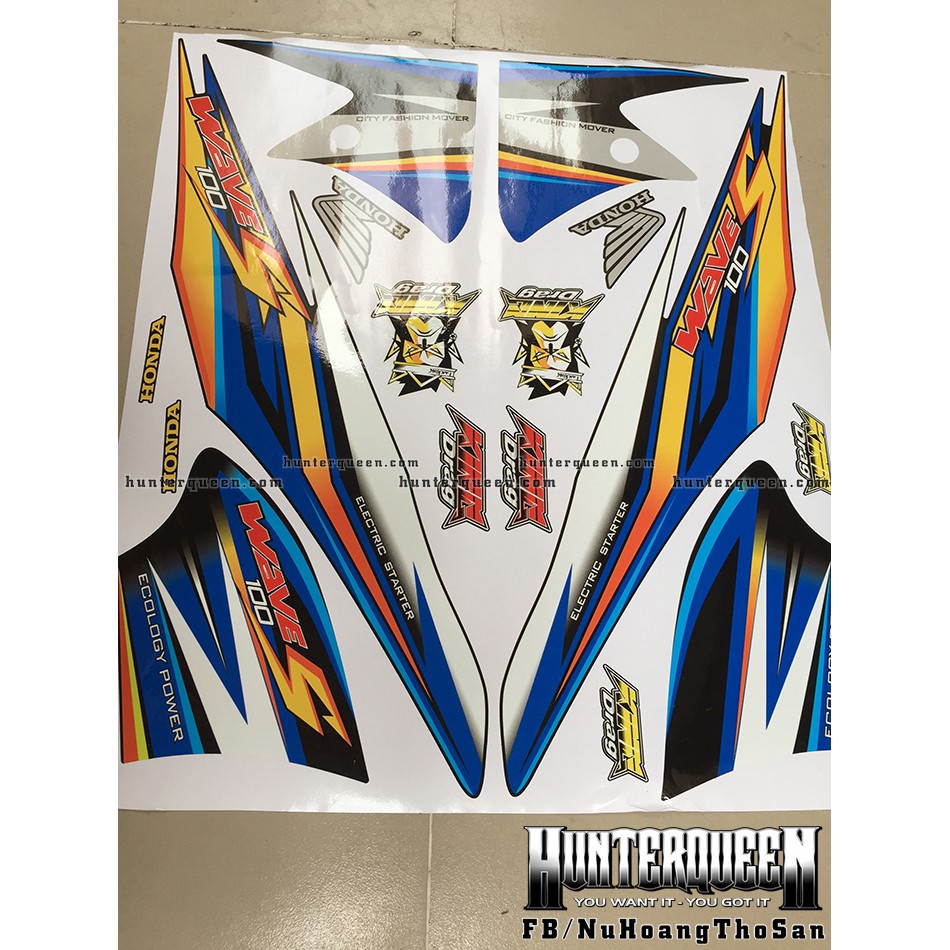 Tem rời xe Wave màu đen, tem xanh vàng. Thay đổi màu sắc và chi tiết theo yêu cầu. Sắc nét, bền màu