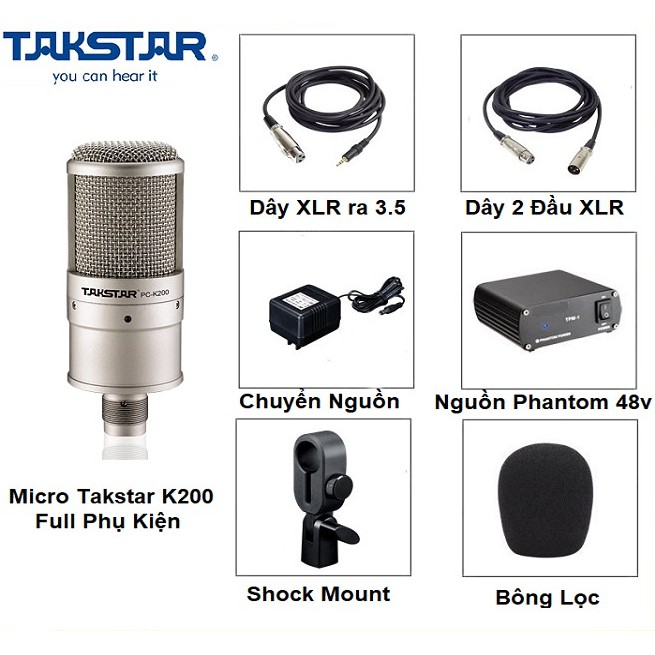 Micro Takstar PC K200, Thu Âm Chuyên Nghiệp Live Stream Và Nguồn Phantom 48v, Dây Giắc Đầy Đủ