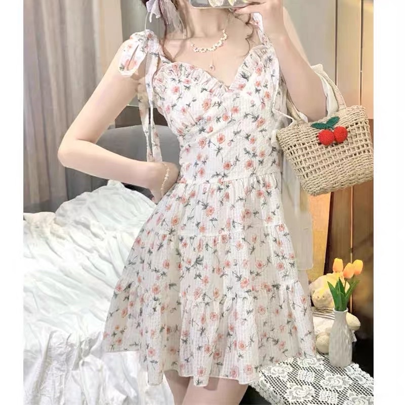 Set Đầm Hoa Nhí Đũi Xốp Buộc Nơ Vai + Áo Khoác Len Ren