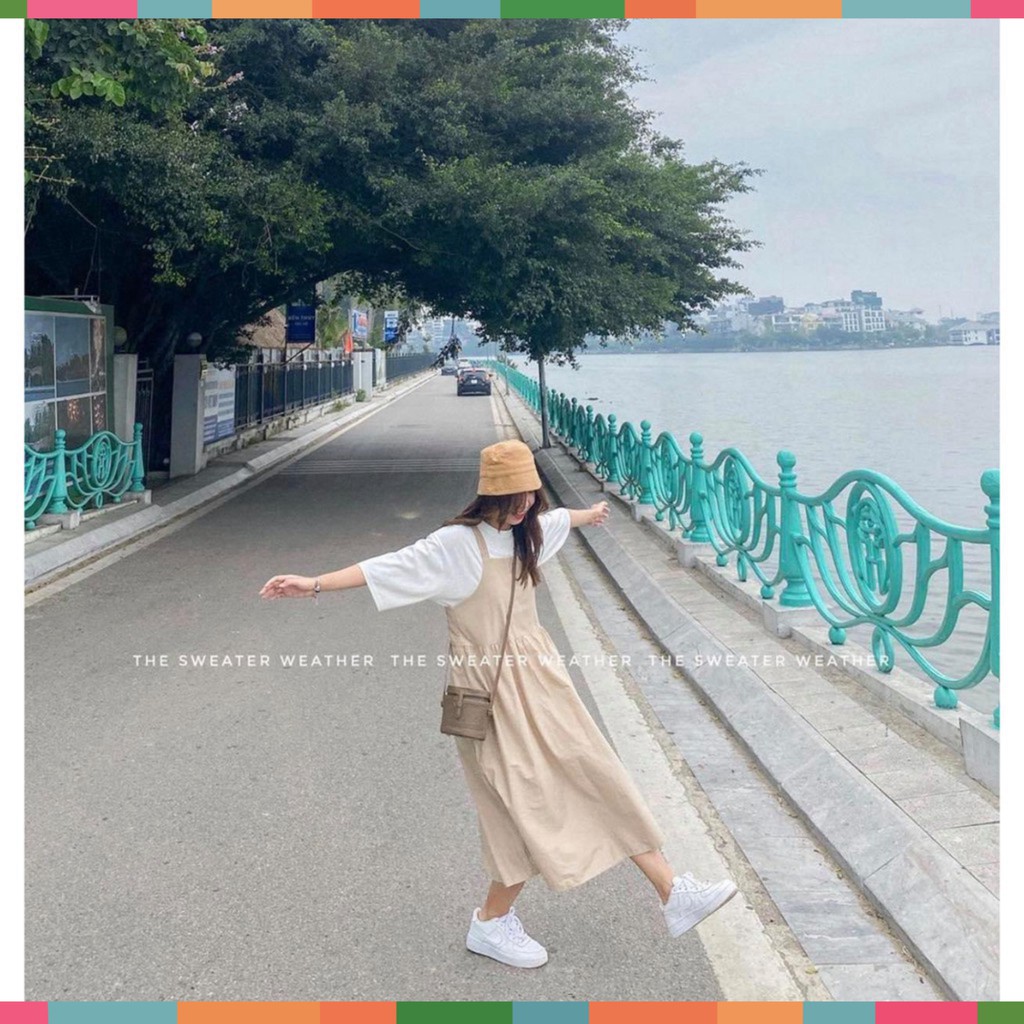 Bộ Yếm Kaki Màu Be Dài Kèm Áo Thun Cotton ️🎶 Sét Yếm Nữ Áo Thun Dáng Rộng | BigBuy360 - bigbuy360.vn