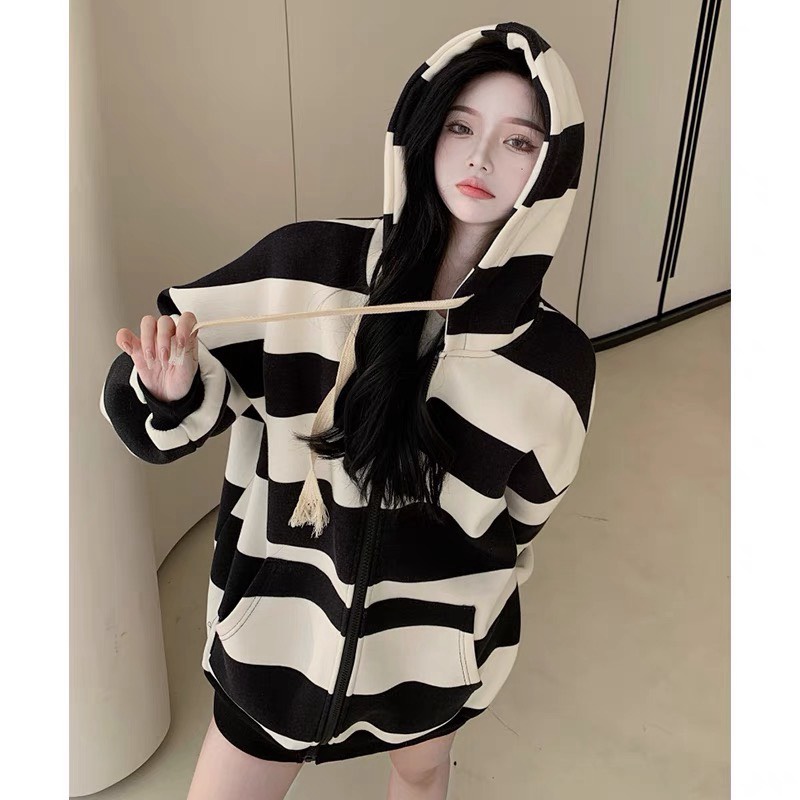 Áo Hoodie Nữ Phối Viền Sọc Hai Màu Đen Trắng Thời Trang Sành Điêu Phong Cách Giới Trẻ