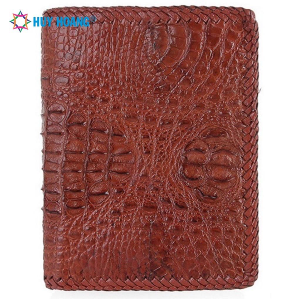 Ví nam Huy Hoàng da cá sấu nguyên con đan viền kiểu đứng màu nâu đỏ LS2765 !
