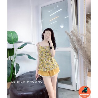 Bộ lụa đùi áo hai dây áo hoa quần trơn 3m, bộ lụa mặc nhà ảnh thật