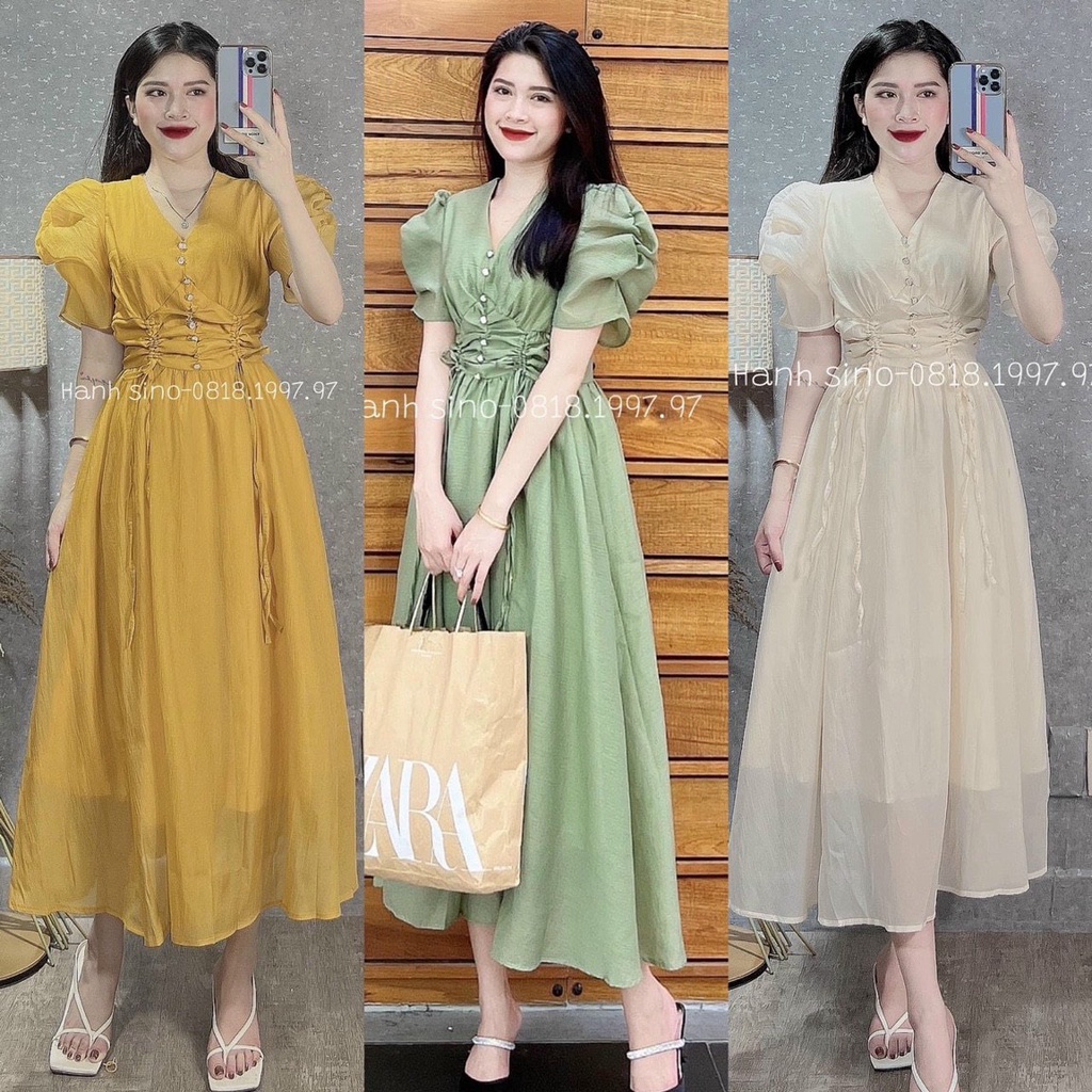 Váy nữ cổ V chất tơ 2 lớp vintage tay bồng hoạ tiết trơn phong cách nữ tính bánh bèo thời trangI Trần Hân Shop 3007443