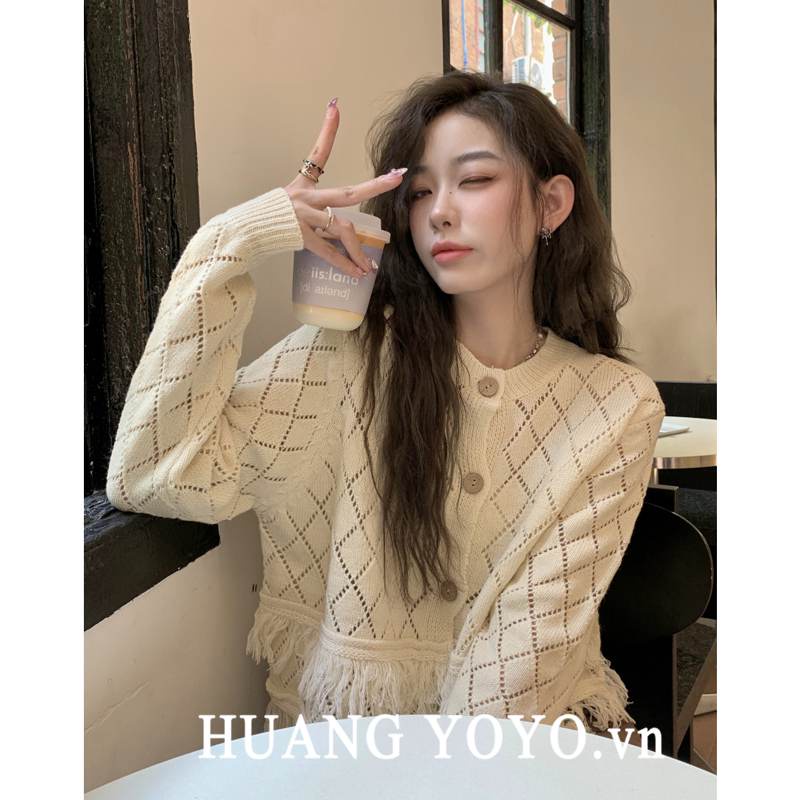 Huang YOYO Áo Khoác cardigan Dệt Kim Mềm Mại Phối Tua Rua Phong Cách Hàn Quốc Thời Trang Mùa Thu Nhẹ Nhàng Dành Cho Bạn Nữ