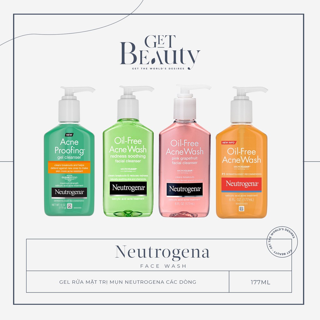 SỮA RỬA MẶT GIẢM MỤN NEUTROGENA OIL - FREE ACNE WASH MICROCLEAR | PINK GRAPEFRUIT | REDNESS SOOTHING 177ML | 269ML