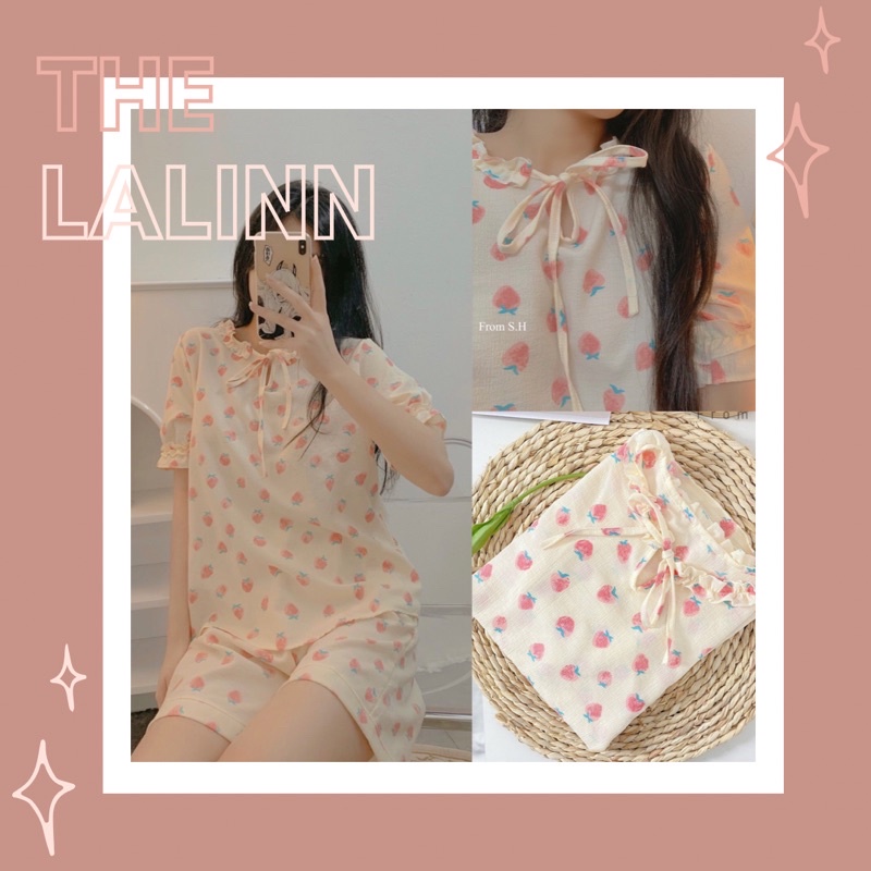 [ ẢNH THẬT ] Pijama xốp đũi Hàn cổ nơ dáng cộc hoạ tiết xinh xắn. Bộ ngủ nữ hoạt hình dễ thương