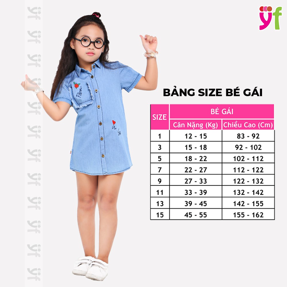 Đầm sơ mi bé gái phối túi YF màu jean &amp; hồng cá tính, sành điệu 9DX540