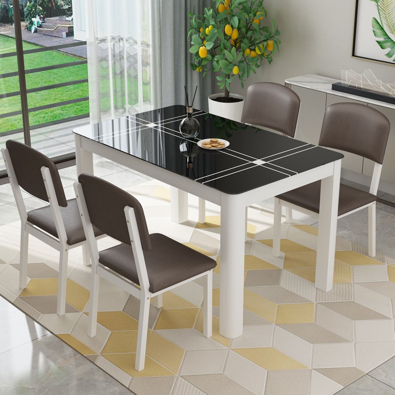 Bàn ghế ăn kết hợp kính cường lực chung cư nhỏ 4 người 6 hình chữ nhật gia đình đơn giản và hiện đại