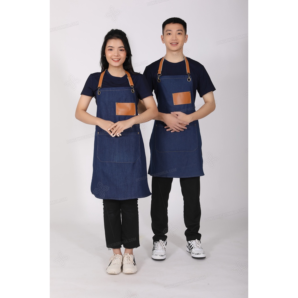 Tạp dề quán café cho nhân viên - Vải denim bền đẹp, phối da cao cấp nhiều túi tiện lợi, dây đeo dài tùy chỉnh kích thước