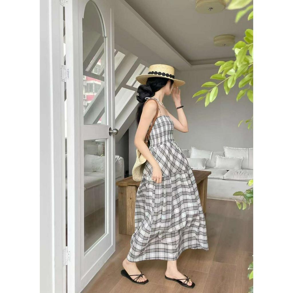 Váy kẻ  hottrend EMIX, đầm 2 dây 2s phong cách Trung Quốc, dáng dài midi chữ A chất thô boil 1959