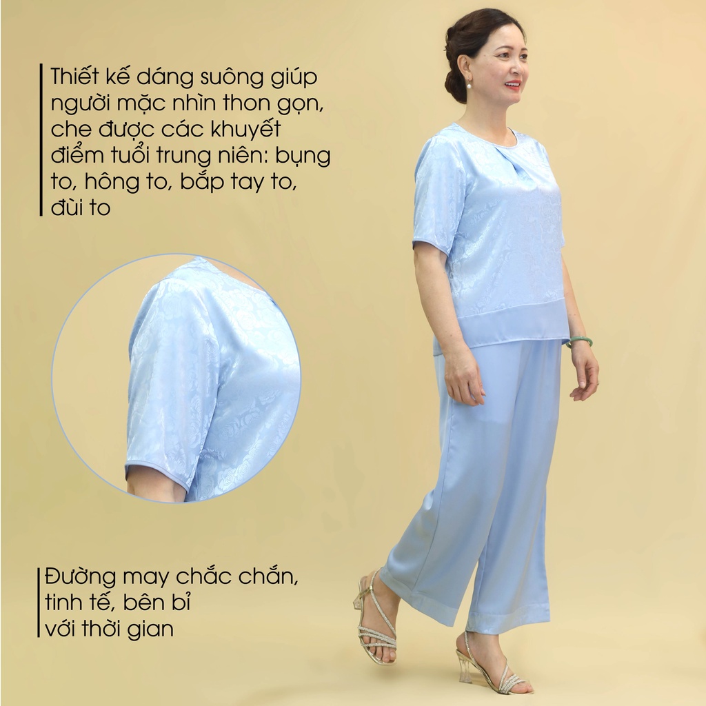 Đồ Bộ Trung Niên Nữ Lụa Gấm Cao Cấp ANCHI B26 Xanh Nhạt, Set Đồ Mặc Nhà Quà Tặng Cho Mẹ