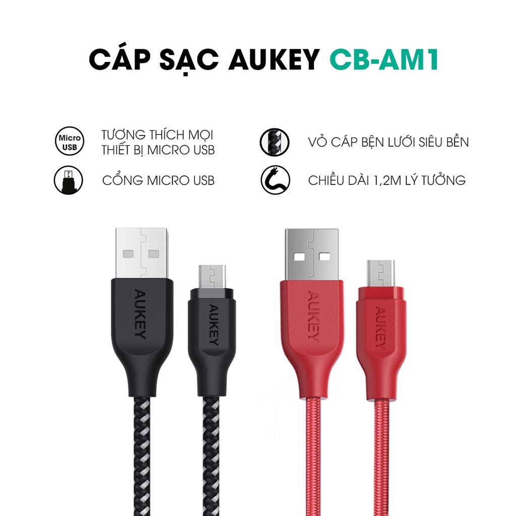 Combo AUKEY Cốc Sạc AiPower PA-U32 2 Cổng 12W + Cáp Micro USB CB-AM1 Siêu Bền 1.2m