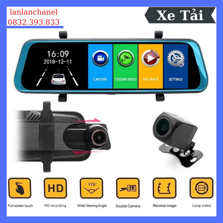 [Ô Tô Tải] Camera Hành Trình Gương Chuyên Dụng Cho Xe Tải - Ghi Hình Cùng Lúc Trước Sau - Dây Camera Lùi Dài 15m