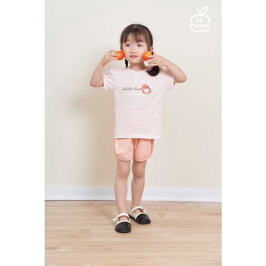 Bộ La Pomme cộc tay cotton mềm mịn thoáng mát thấm hút tốt cao cấp kẻ sọc ngang gấu nhỏ cho bé gái 12008