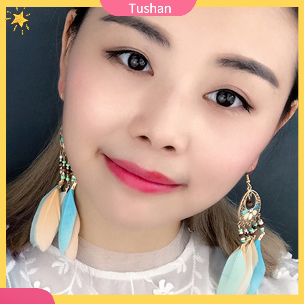 Đôi khuyên tai kiểu lưới giấc mơ phối hạt và lông vũ thời trang cho nữ