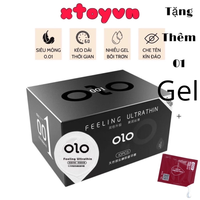 Bao Cao Su OLO 0.01mm Đen Siêu Mỏng Tặng 1 gói gel - Gốc Nước - Hộp 10 Bcs + 1 gel gói