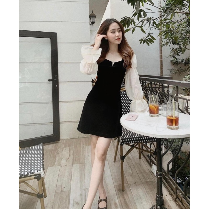 Đầm đen phối tay trắng h14
