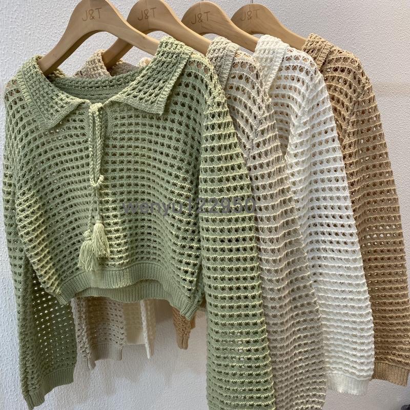 áo len lưới cổ sen nơ buộc điệu đà