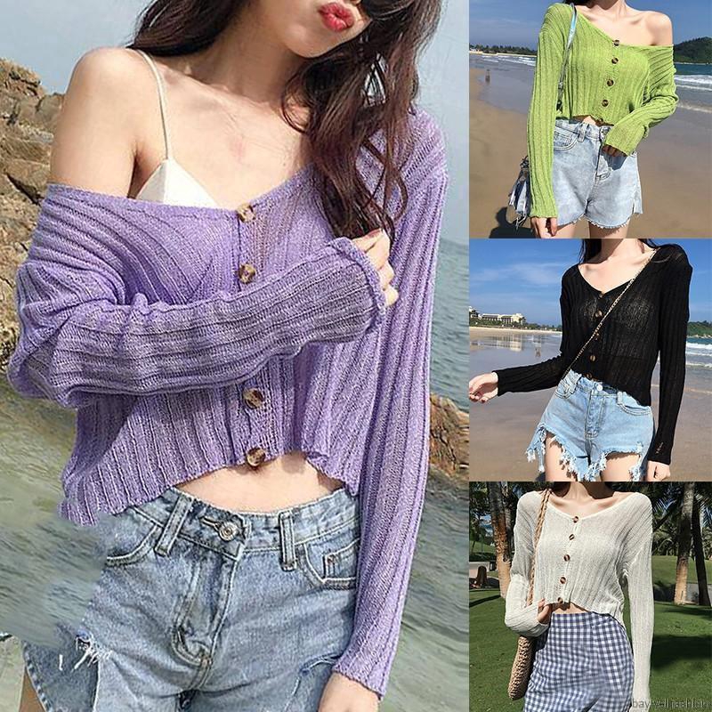 [Baywellfashion]Áo Cardigan dệt kim tay dài cổ chữ V chống ánh nắng mỏng
