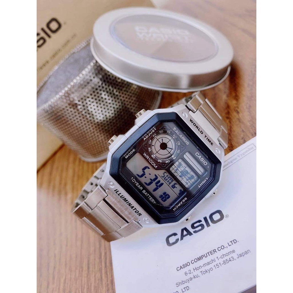 Đồng hồ nam Casio chính hãng máy Nhật điện tử chống nước dây thép không gỉ AE1200WHD