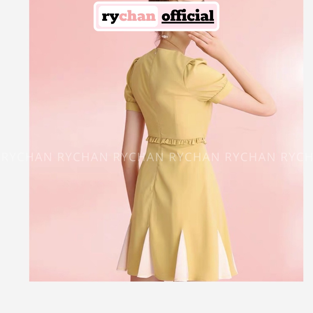 Đầm Xòe Vàng Cổ V Đính Nút - DX0011