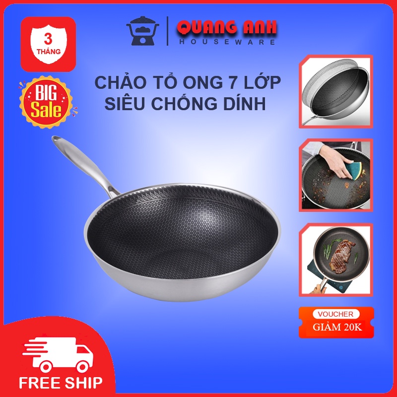 Chảo Chống Dính Vân Tổ Ong 2 Mặt Inox 304 Công Nghệ Khắc Laser 32cm sâu lòng Đáy 7 Lớp