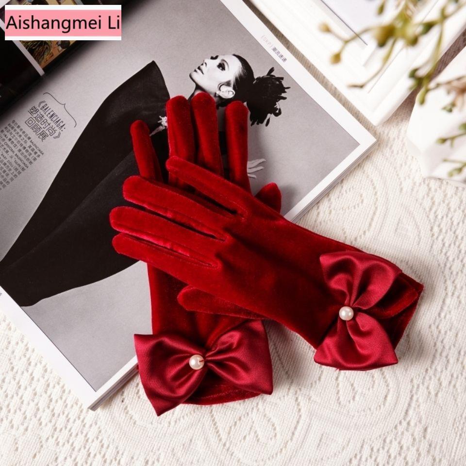 [Aishang Phụ Kiện Đẹp] Găng Tay Nơ Nhung Màu Đỏ Rượu Vang Phụ Kiện Chụp Ảnh Cưới Phong Cách Annu