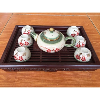 Bộ ấm chén Bát Tràng vẽ hoa đào kèm khay