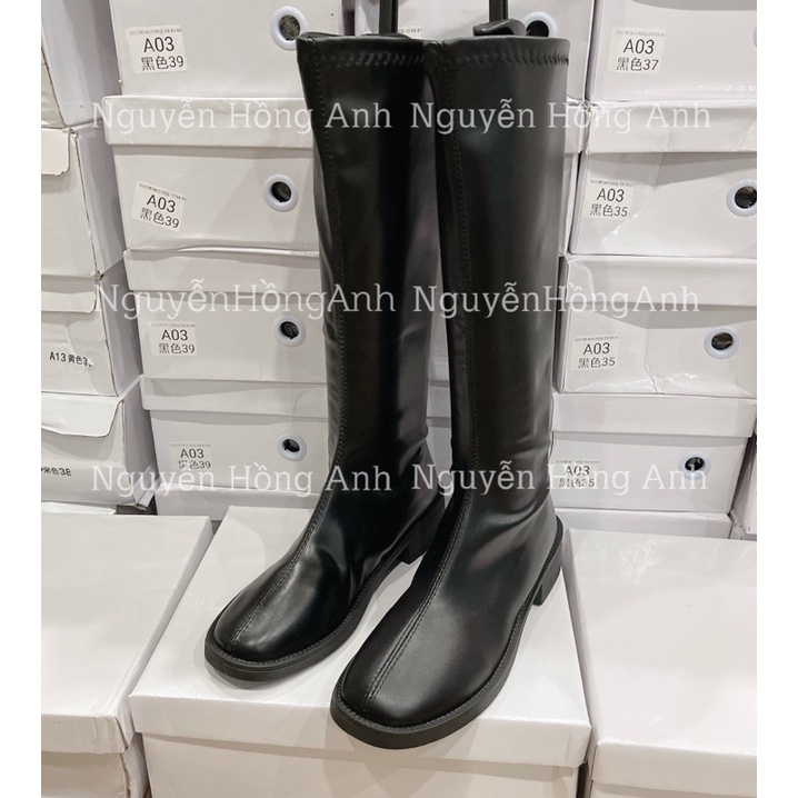 Bốt gối  da trơn khoá sau gót 3p bệt  mã 215