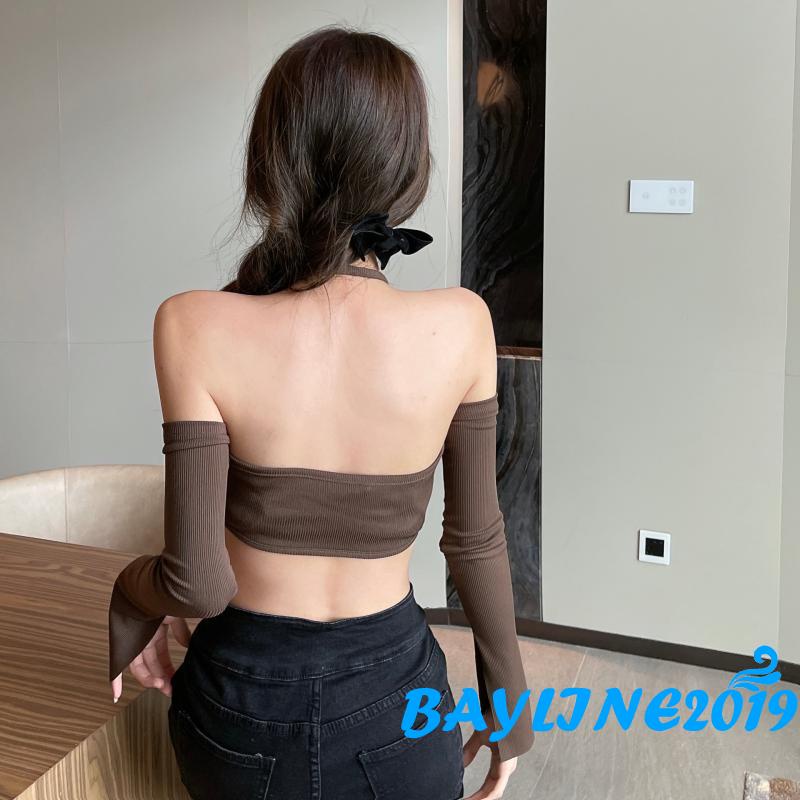 Áo Thun Tay Dài Cổ Thuyền Màu Trơn Hở Rốn Thời Trang Cho Nữ