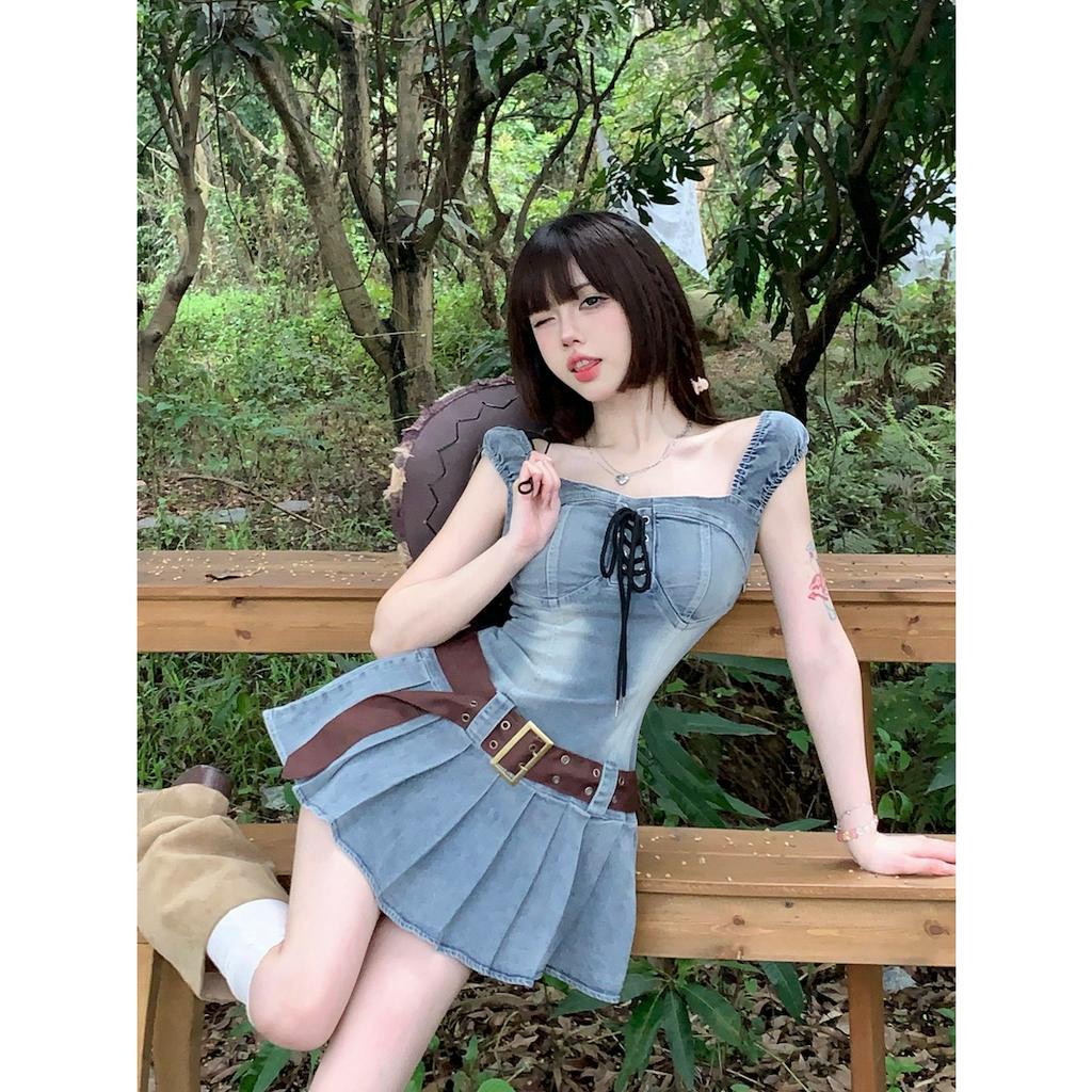 qkoole  Đầm denim Hai Dây Ôm Dáng Phong Cách Hàn Quốc Cổ Điển Dành Cho Nữ