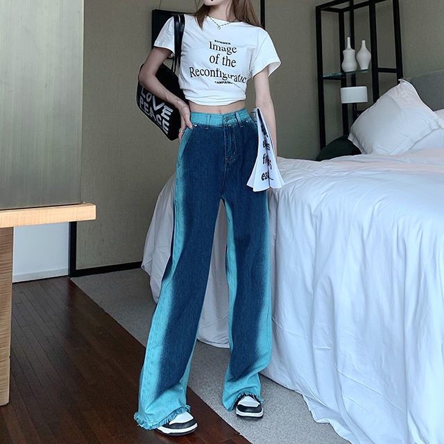 Jiashucheng Quần Jean Dài Ống Rộng Lưng Cao Màu Gradient Thời Trang Mùa Hè Cá Tính Cho Nữ