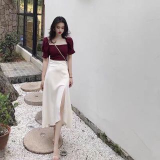 Set áo tay phồng kèm váy xẻ tà, áo phối váy, áo với chân váy