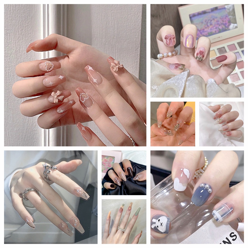 Set 24 Móng Tay Giả Thắt Nơ Thời Trang Cho Nữ