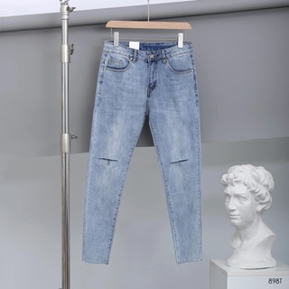 Quần Skinny Jean Xanh Nam Rách 2 Gối, Cắt Gấu Chất Bò Co Dãn  From Dáng Cực ĐẸP CHẤT