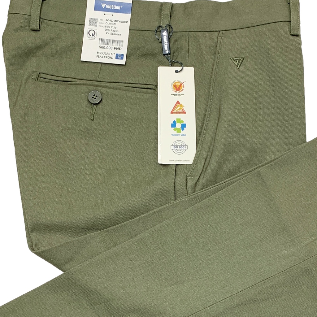 Viettien - Quần tây nam màu ô liu dáng regular fit 1Q4276 không ly
