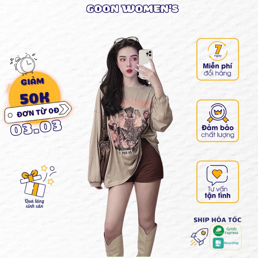 Áo Nỉ Nữ Dài Tay Màu Be Có In Hình Goon Women's - 072