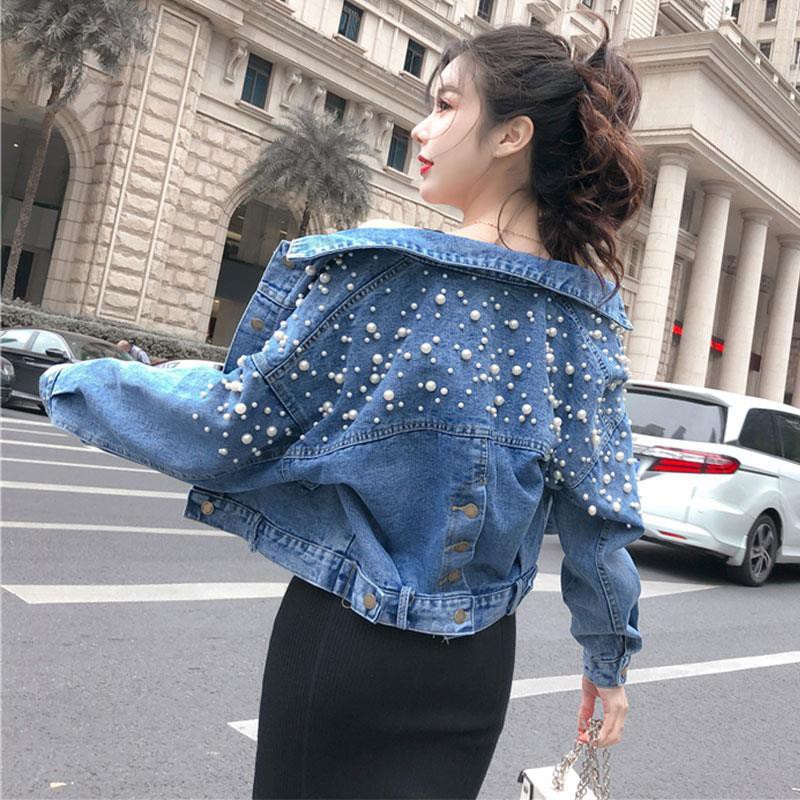 Áo Khoác Denim Dáng Ngắn Đính Hạt Thời Trang Cho Nữ