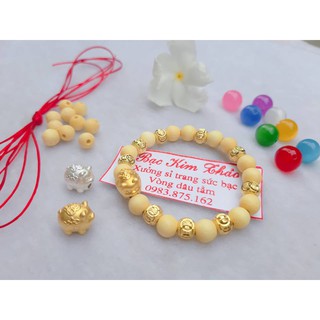 Vòng dâu tằm giáp heo tròn + bi cát kim tiền  may mắn bạc ta xi màu vàng cho bé