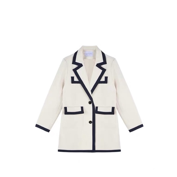 Áo khoác blazer 2 lớp đính cúc tay dày dặn/ vest nữ trắng be kẻ viền xanh than Quảng Châu