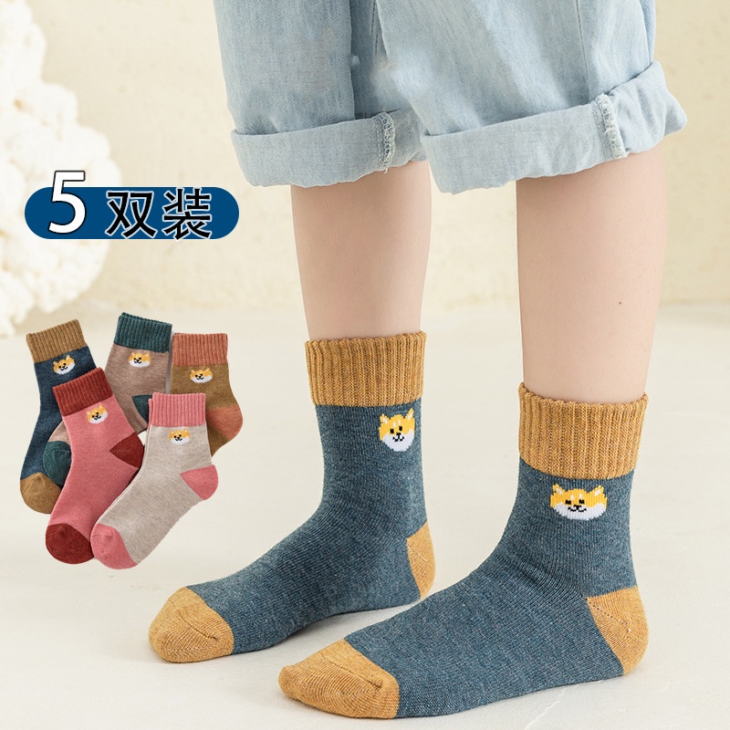 Bộ 5 Đôi Vớ Dày Thoáng Khí Thấm Hút Mồ Hôi In Họa Tiết Hoạt Hình Dễ Thương Cho Bé Từ 1-12 Tuổi