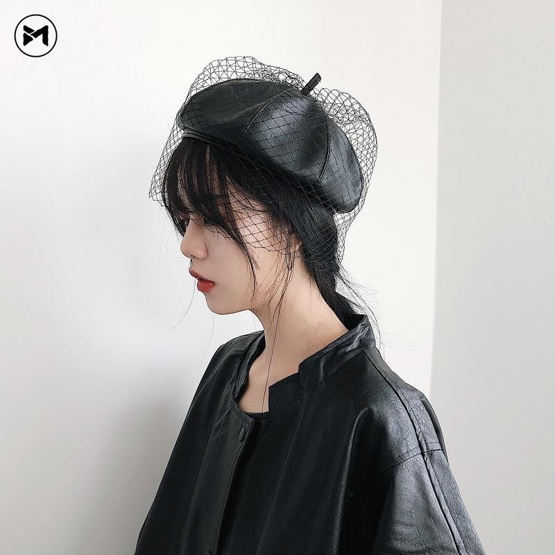 Mũ Beret Da PU Phối Lưới Phong Cách Retro Cho Bạn Gái