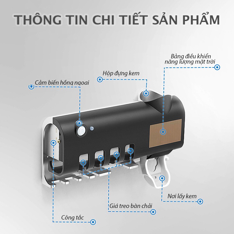 Giá treo bàn chải đánh răng, tự động lấy kem và khử khuẩn bàn chải bằng tia UV, mã GIA_TBC