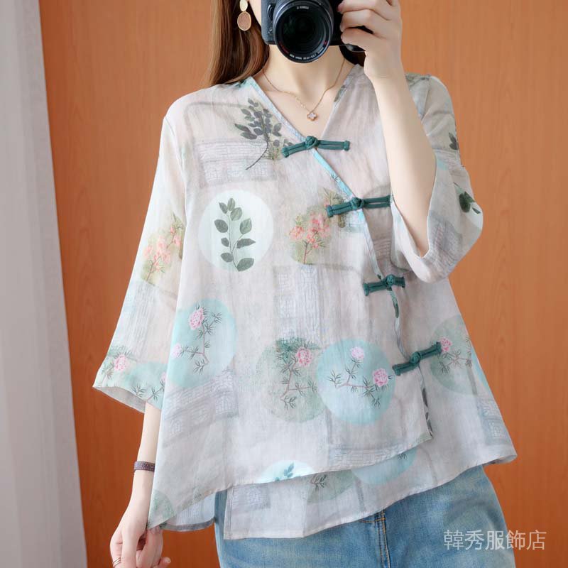 Áo Sơ Mi Vải Lanh Cotton Cổ V Thiết Kế Lệch Tà Kiểu Vintage Dễ Thương Cho Nữ