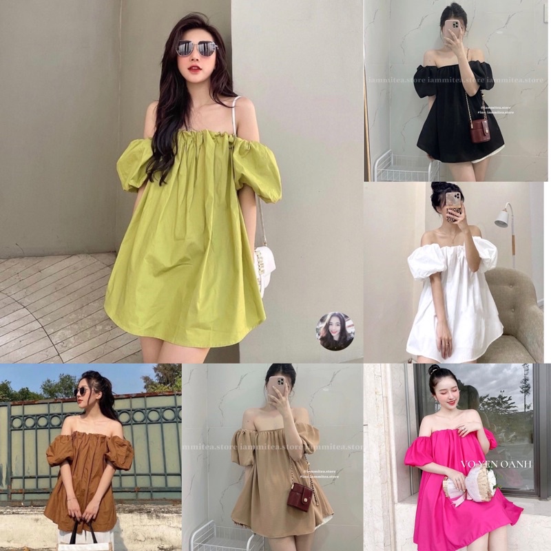 Áo Trễ Vai Tay Phồng Dáng Giấu Quần Siêu Xinh Có Ảnh Thật Kèm Video. Váy babydoll chun ly bo tay siêu xinh.