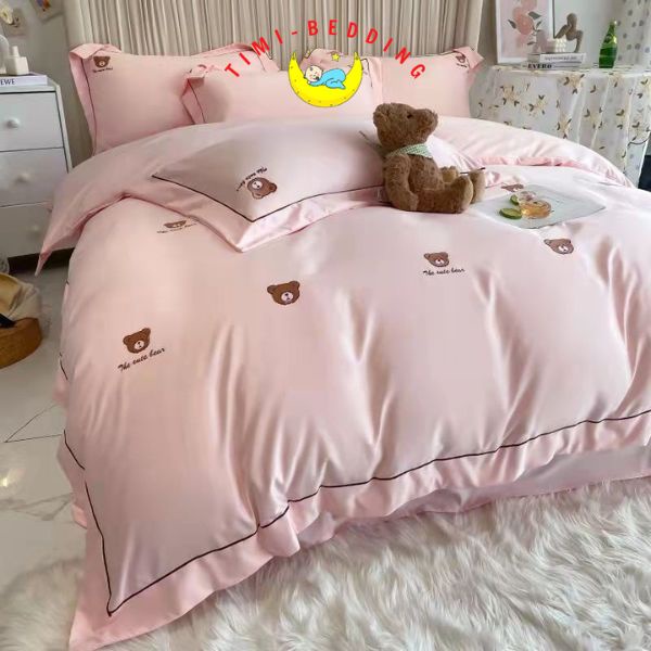 Bộ chăn ga gối lụa thêu gấu teddy bear cao cấp, nhập khẩu – Set ga gối lụa 4 món – Timibedding