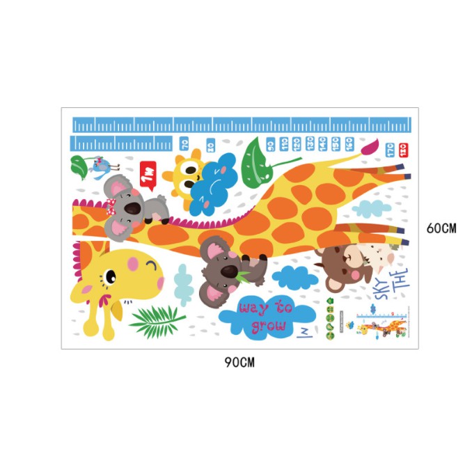 Decal dán tường thước đo hươn cao cổ và chú gấu