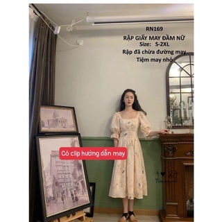 RN169_rập giấy may đầm cổ vuông nữ