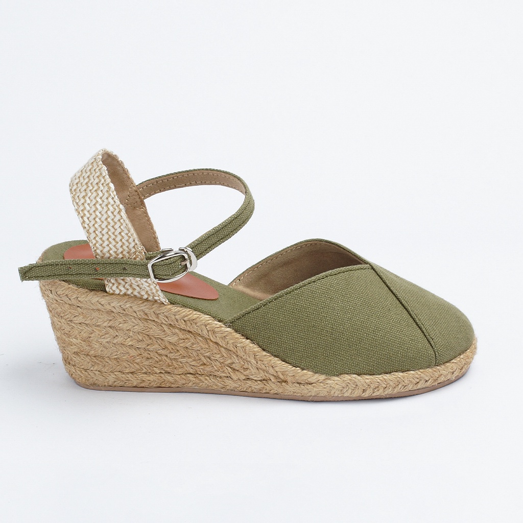 Giày cói Liliw cao gót nữ đế xuồng mũi tròn cao 6cm - Bantayan Màu Ô Liu